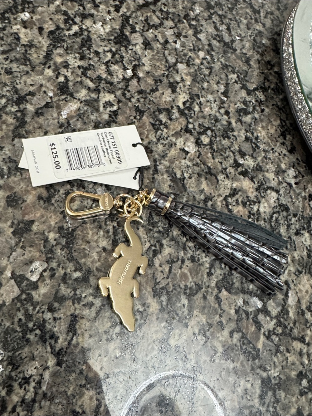 Brahmin Black leather gold Metallic Tassel Croc Charm Keychain bag charm NWT - Picture 7 of 11